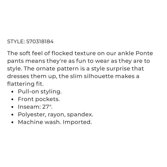 Chico’s flocked ponte pants pull on ankle 1.5 sz 10 new slimming tummy control - Picture 9 of 9